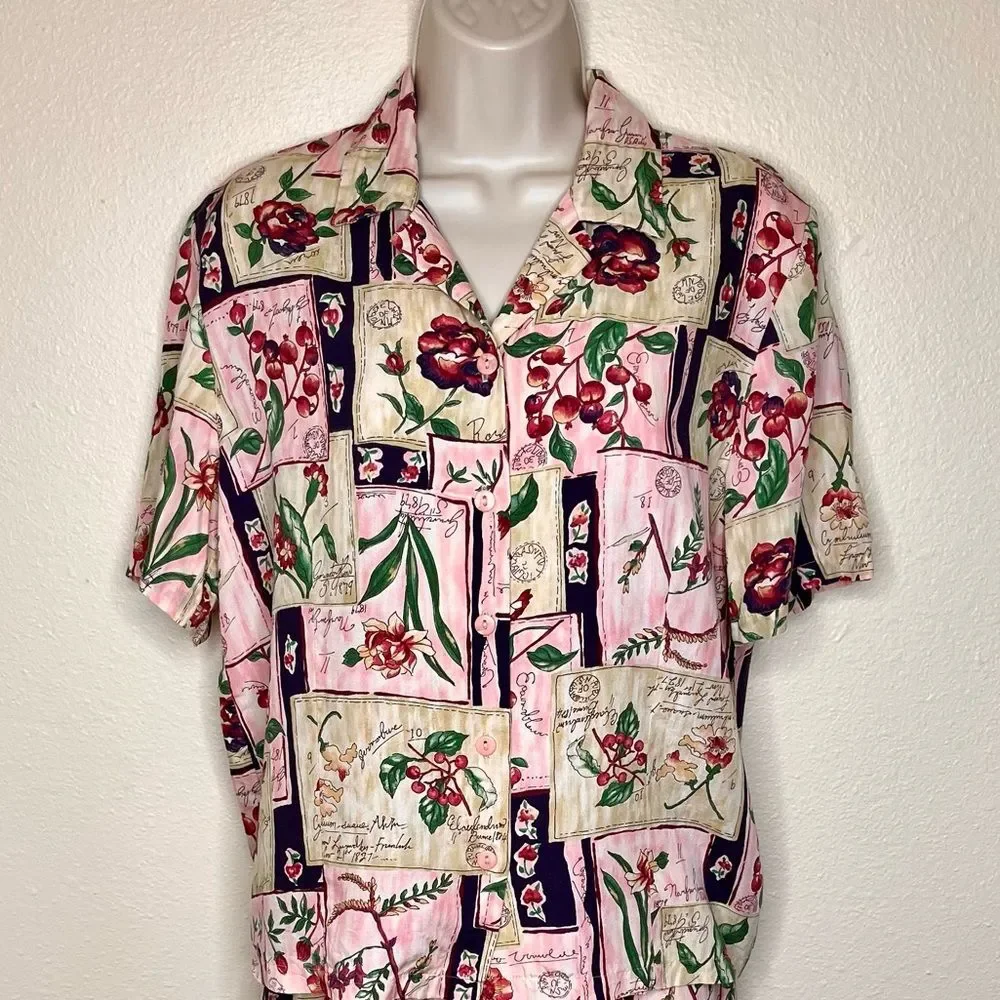 Vintage Pendleton Short Sleeve Camp Shirt Elastic Skirt Set Floral Rayon Women 6